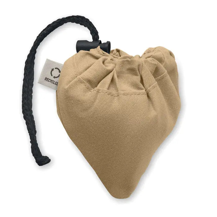 Geanta de cumparaturi pliabila beige in forma de inima din panza cu snur negru impletit si sistem de strangere