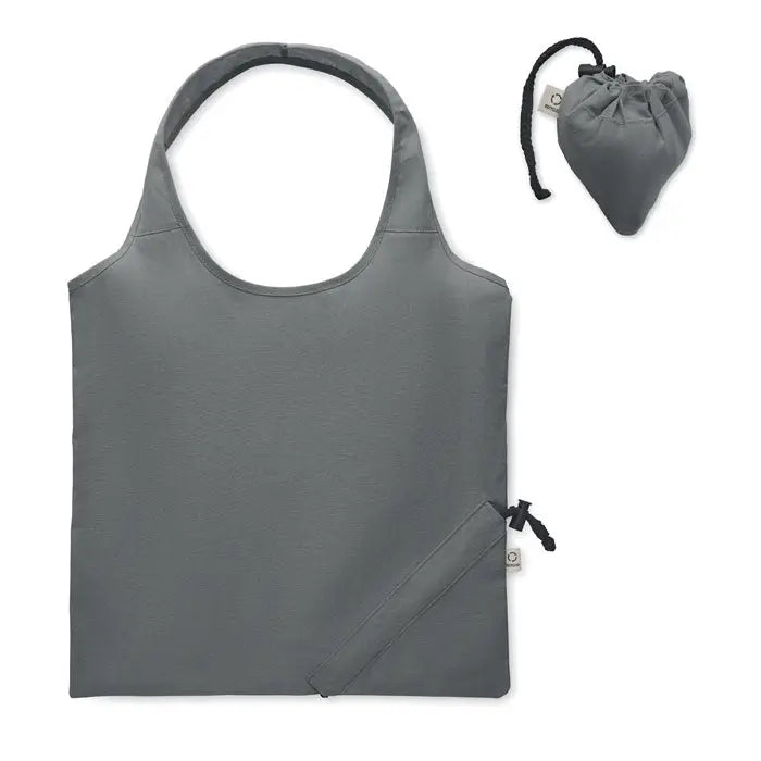 Geanta de cumparaturi pliabila gri cu inchidere cu siret si saculet compact din material de 140 grm²