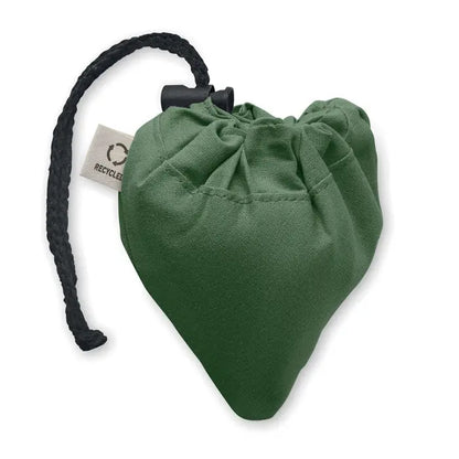 Geanta de cumparaturi pliabila in forma de inima verde olive din material textil cu snur negru si eticheta reciclata