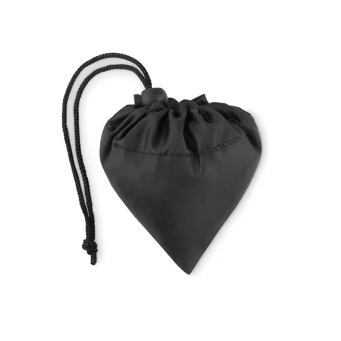 Geanta de cumparaturi pliabila neagra in forma de inima din RPET cu inchidere cu snur impletit din material usor reflectorizant