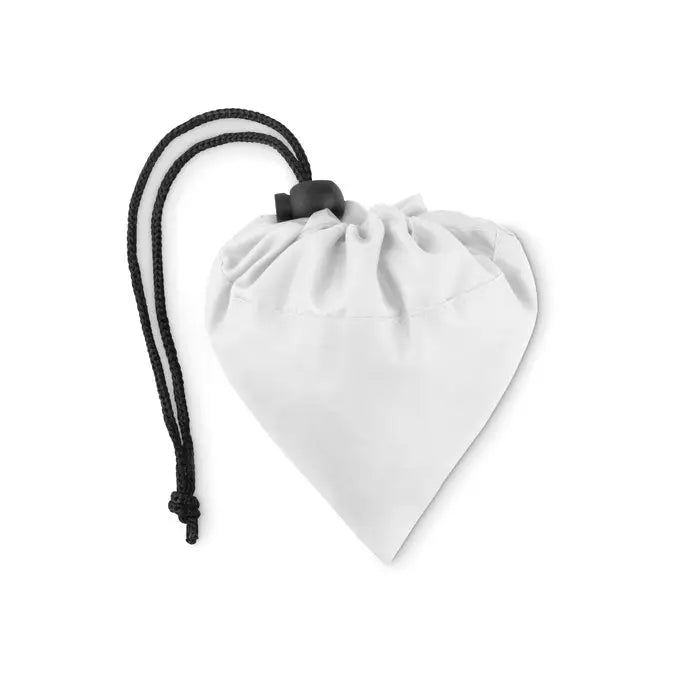 Geanta de cumparaturi pliabila din rpet alba in forma de inima cu snur negru si sistem de strangere din plastic