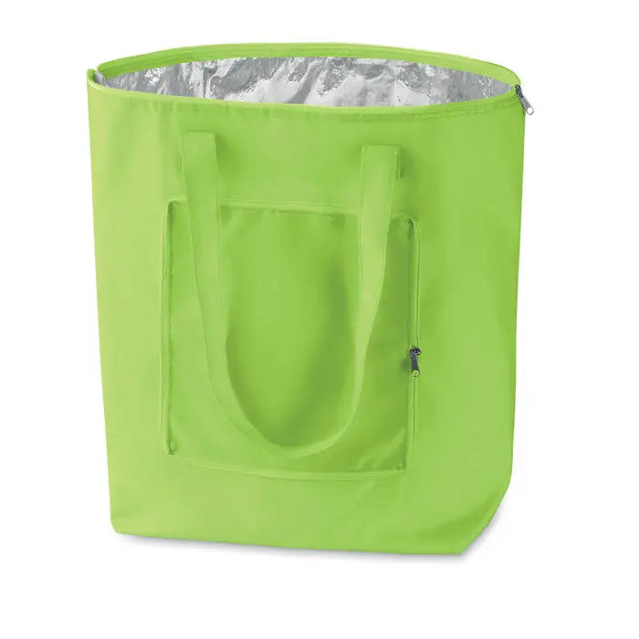 Geanta de cumparaturi pliabila lime verde cu captuseala reflectorizanta argintie izolata si fermoar