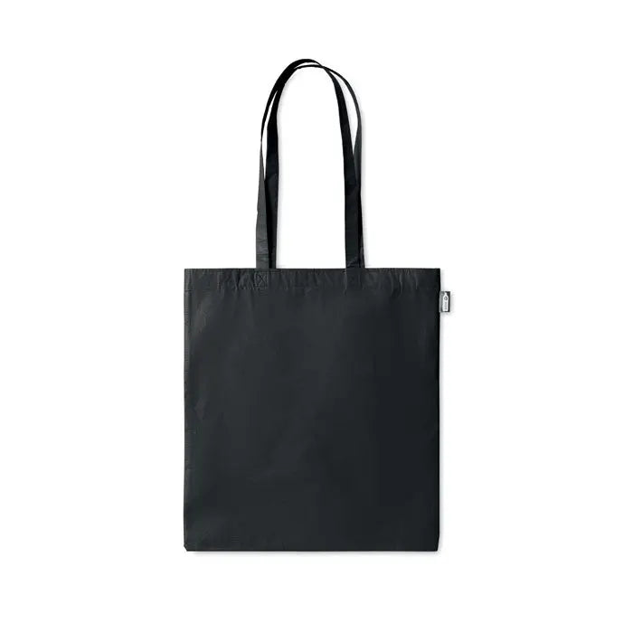 Geanta de cumparaturi rpet netesuta din material reciclat, neagra, cu doua manere si eticheta mica pe lateral