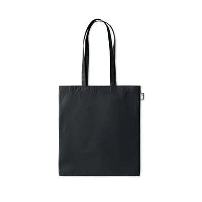 Geanta de cumparaturi rpet netesuta din material reciclat, neagra, cu doua manere si eticheta mica pe lateral