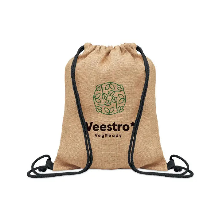 Geanta de iuta cu snur bej si cordon negru cu logo verde frunza si text veeastro vegready pe fata