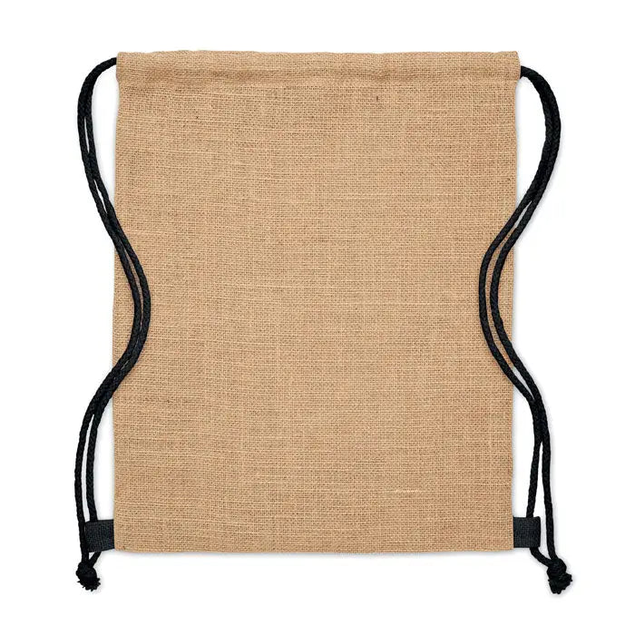 Geantă de iută cu șnur natural bej închis cu cordon negru și bucle din material textil