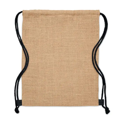 Geantă de iută cu șnur natural bej închis cu cordon negru și bucle din material textil
