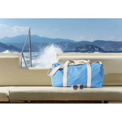 Geanta de mana reciclata 320 gr/m² din panza bleu cu manere crem pentru transport usor si eco-friendly