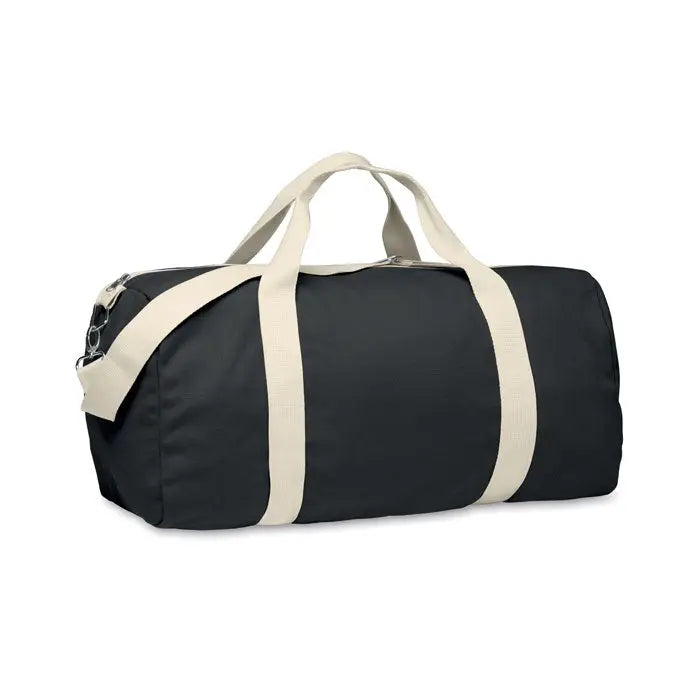 Geanta de mana reciclata 320 gr m² neagra din panza cu bretele crem si fermoar argintiu
