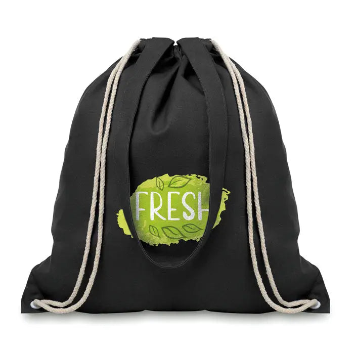 Geanta de panza neagra cu snur bej si grafic vibrant verde fresh cu motive de frunze din material de 220 gr/m²