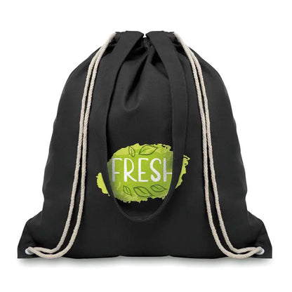 Geanta de panza neagra cu snur bej si grafic vibrant verde fresh cu motive de frunze din material de 220 gr/m²