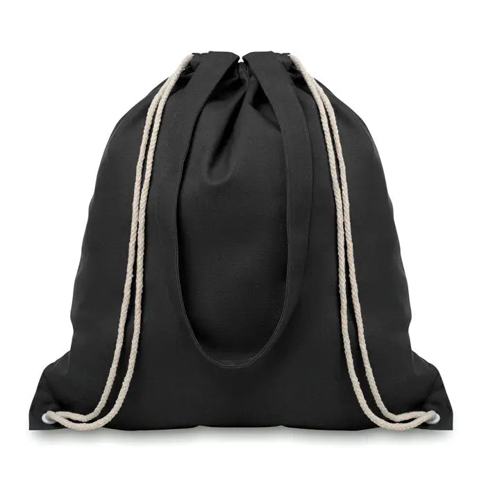 Geanta de panza cu doua functii de 220 gr m² neagra cu sfori bej stil rucsac cu snur
