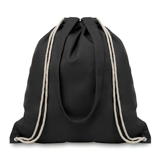 Geanta de panza cu doua functii de 220 gr m² neagra cu sfori bej stil rucsac cu snur