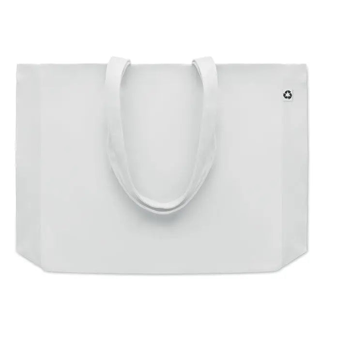 Geanta de panza reciclata 280 gr/m² alba cu manere rezistente si patch mic simbol reciclare in colt
