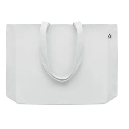 Geanta de panza reciclata 280 gr/m² alba cu manere rezistente si patch mic simbol reciclare in colt