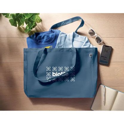 Geanta de panza reciclata albastra cu logo alb biolife si model fluturi, 280 gr m2, geanta tip tote