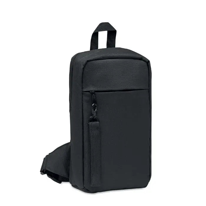 Geanta de piept incrucisata neagra din material 600d rpet cu maner superior si bretea reglabila
