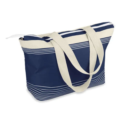 Geanta de plaja combi 600d cu dungi navy alb crem din panza cu manere rezistente