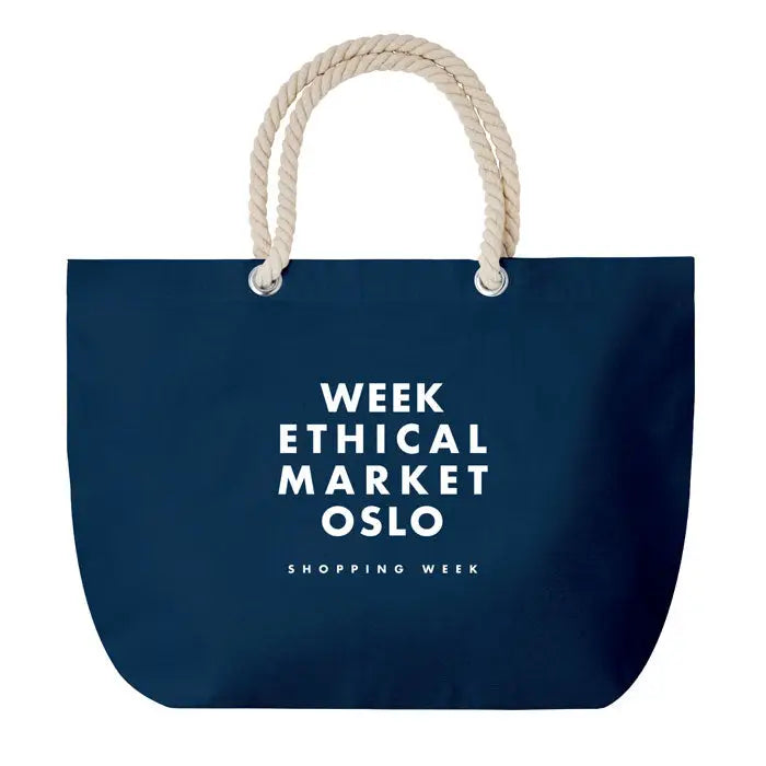 Geanta de plaja bleumarin cu manere crem din snur si text alb pentru piata etica de cumparaturi oslo week