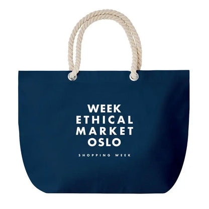 Geanta de plaja bleumarin cu manere crem din snur si text alb pentru piata etica de cumparaturi oslo week