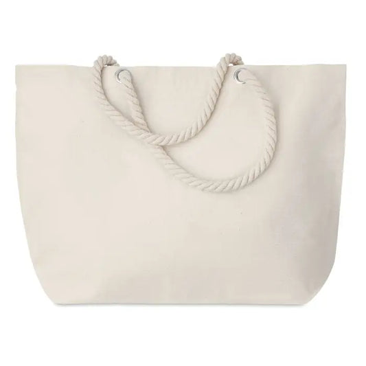 Cream-colored canvas beach tote bag with thick twisted rope handles geanta de plaja cu maner din snur