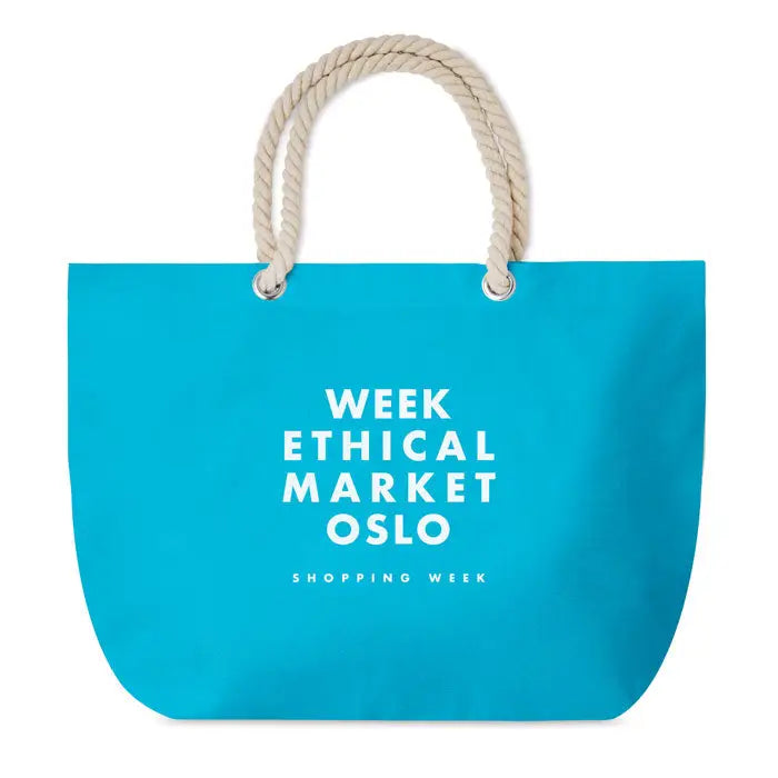 Geanta de plaja turcoaz din panza cu maner din snur crem si text alb pentru shopping ethical market oslo