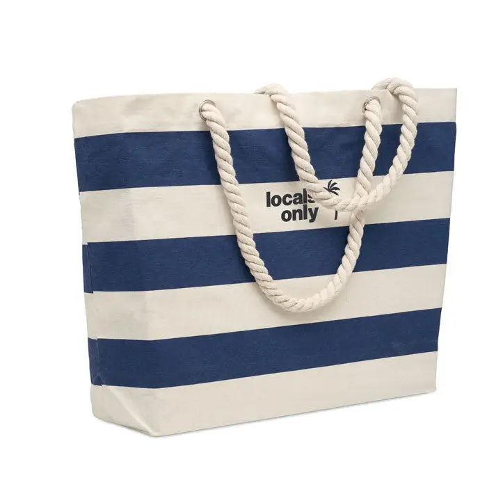 Geanta de plaja din bumbac 220 gr/m² cu dungi navy si crem si manere groase din franghie