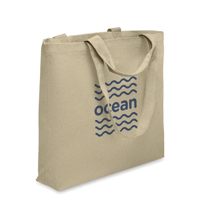 Geanta de plaja panza 320 gr m² bej cu logo albastru ocean si design valuri