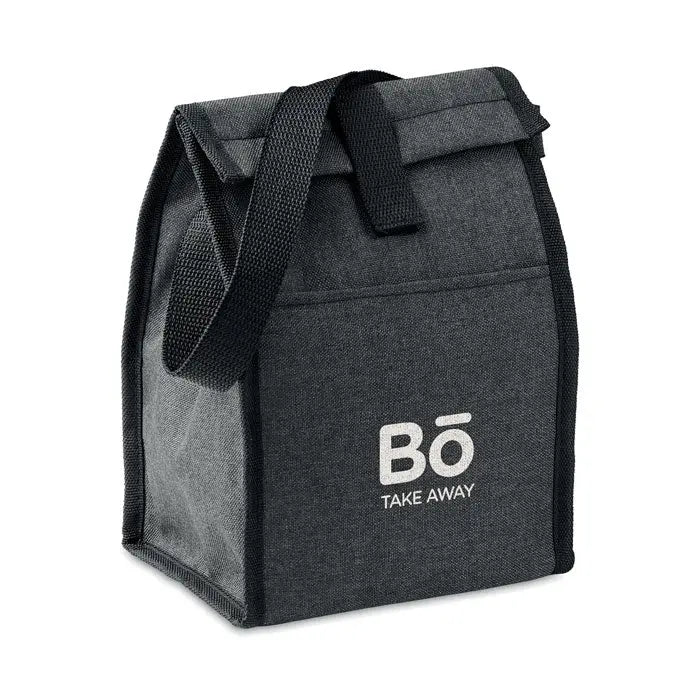 Geanta de pranz izolata 600D RPET neagra cu textura, logo bō take away alb si bretea neagra din webbing