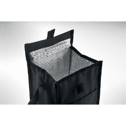 Geanta de pranz izolata 600d rpet neagra cu captuseala interioara reflectorizanta argintie pentru mentinerea temperaturii