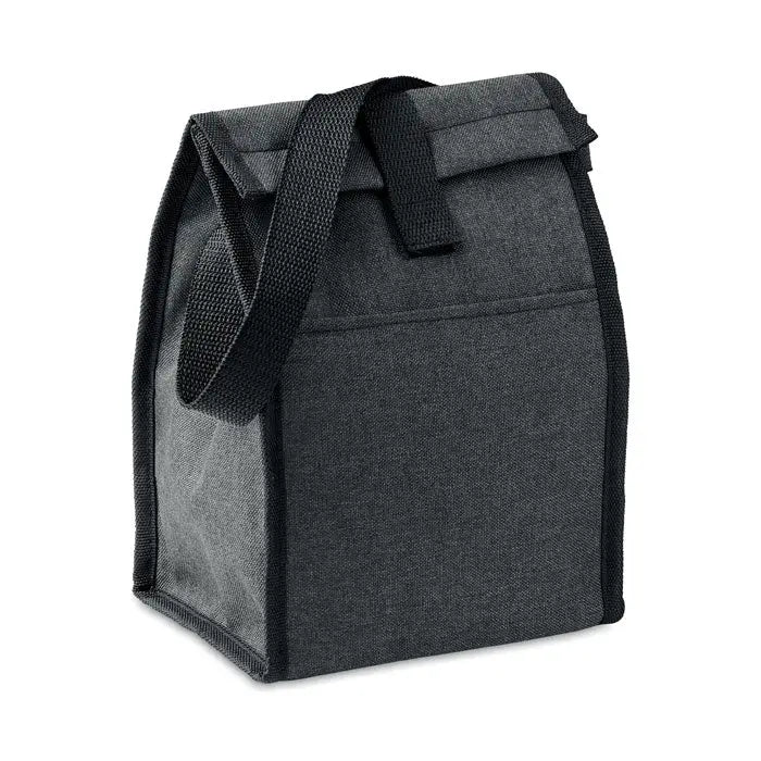 Geanta de pranz izolata 600d rpet din material texturat gri inchis, cu bretea neagra si inchidere roll-top