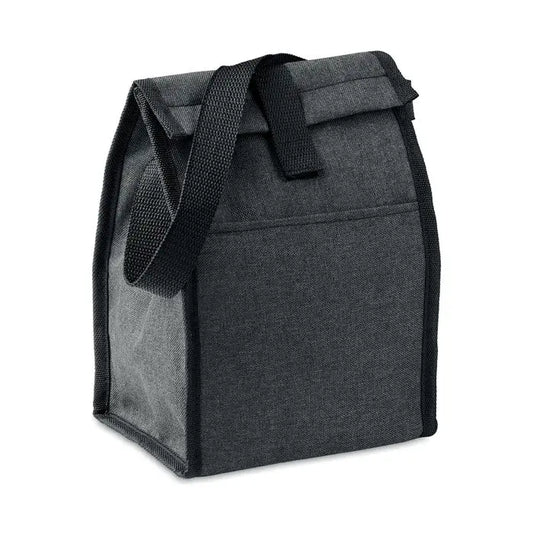 Geanta de pranz izolata 600d rpet din material texturat gri inchis, cu bretea neagra si inchidere roll-top