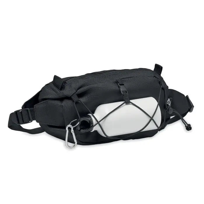 Geanta de talie neagra din 600d rpet cu sticla alba fixata prin barete negre din webbing