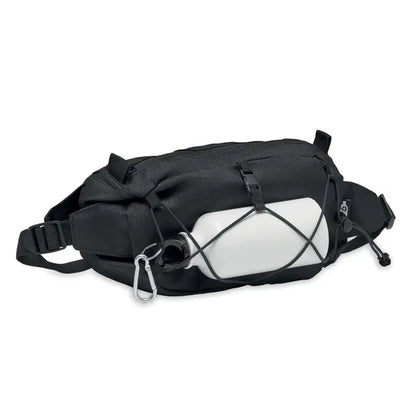 Geanta de talie neagra din 600d rpet cu sticla alba fixata prin barete negre din webbing