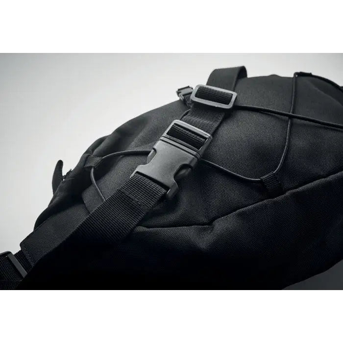 Geanta de talie neagra din 600D RPET cu material nylon durabil si curele reglabile cu catarame din plastic