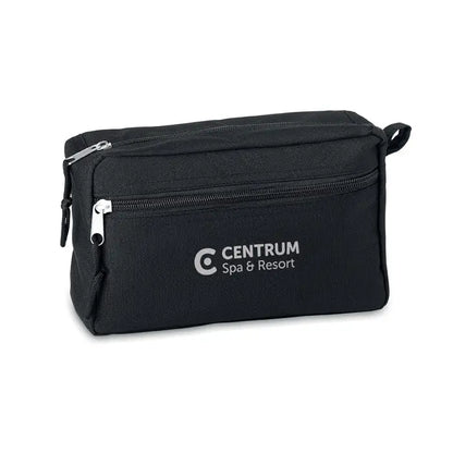 Geanta de toaleta 600d rpet neagra din material rpete cu fermoare argintii si logo alb centrum spa & resort