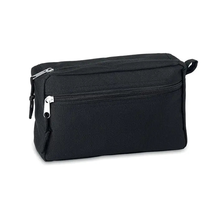 Geanta de toaleta 600d rpet neagra din panza cu fermoare argintii si maner mic pentru organizare viajeaza