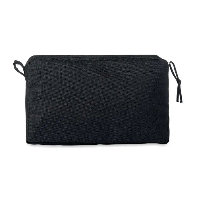 Geanta de toaleta 600d rpet neagra din material textil impletit cu inchidere prin snur si manere intarite