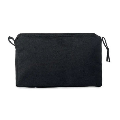 Geanta de toaleta 600d rpet neagra din material textil impletit cu inchidere prin snur si manere intarite