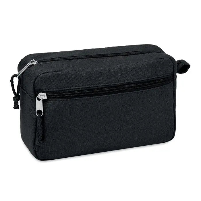 Geanta de toaleta neagra din canepa 200 gr/m² cu fermoare argintii si maner mic pentru calatorii