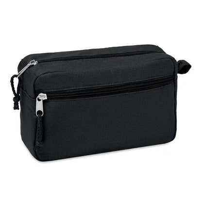Geanta de toaleta neagra din canepa 200 gr/m² cu fermoare argintii si maner mic pentru calatorii