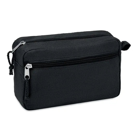 Geanta de toaleta neagra din canepa 200 gr/m² cu fermoare argintii si maner mic pentru calatorii