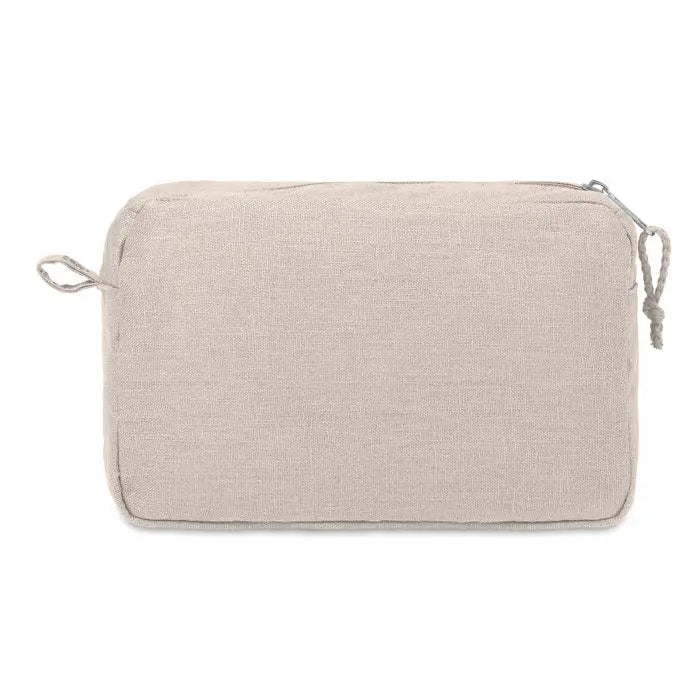 Geantă de toaletă din cânepă beige cu fermoar și șnururi gri, material 200 gr/m², ideală pentru organizare