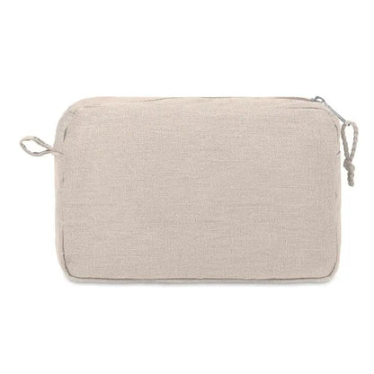 Geantă de toaletă din cânepă beige cu fermoar și șnururi gri, material 200 gr/m², ideală pentru organizare