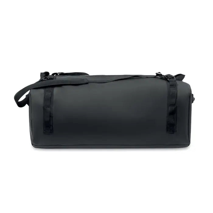 Geanta de voiaj din prelata neagra cu barete intarite si design robust minimalist pentru calatorii