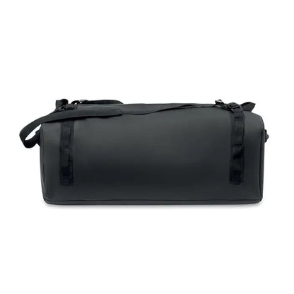 Geanta de voiaj din prelata neagra cu barete intarite si design robust minimalist pentru calatorii