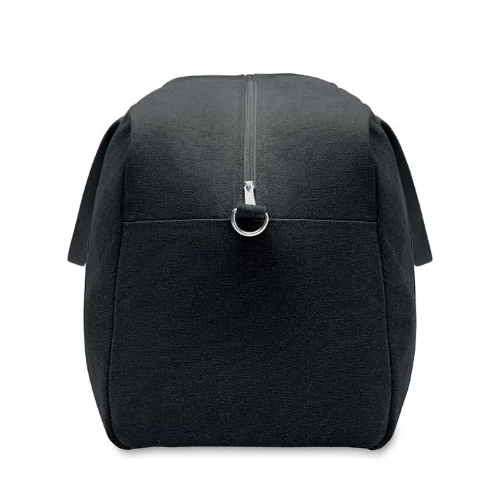 Geanta de voiaj duffle 450 gr/m² din panza neagra cu fermoar central si inel metalic