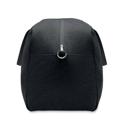 Geanta de voiaj duffle 450 gr/m² din panza neagra cu fermoar central si inel metalic
