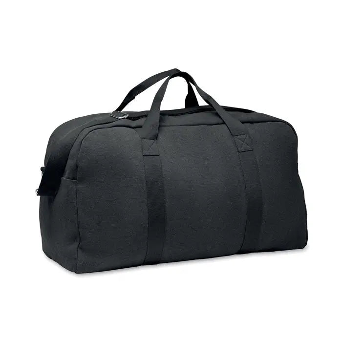 Geanta de voiaj duffle 450 gr/m² neagra din panza cu manere rezistente si design minimalist pentru calatorii