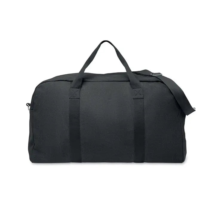 Geanta de voiaj duffle 450 gr/m² neagra din panza, cu manere rezistente si curea detasabila pentru umar